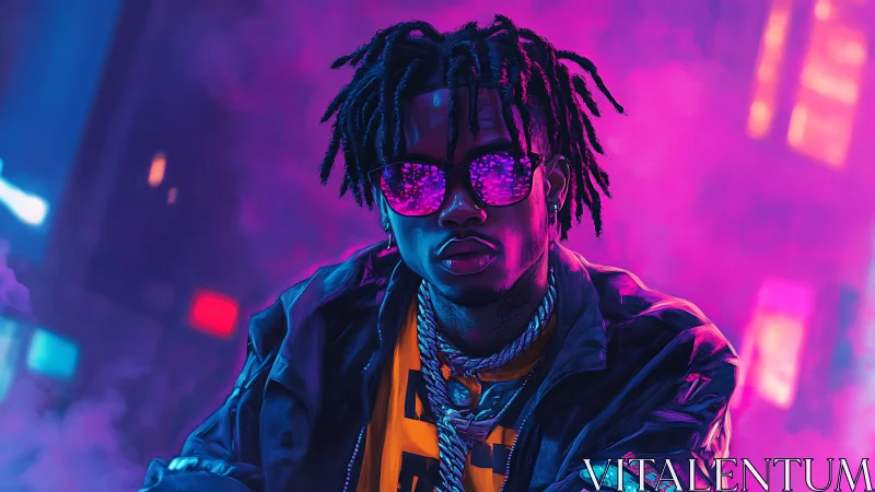 Neon-lit urban portrait renders reflective lenses and glossy jacket