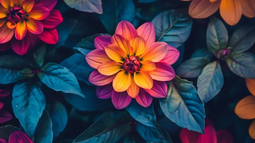 Multi-petal Dahlia with Gradient Orange-Pink Coloration and Deep Blue Foliage