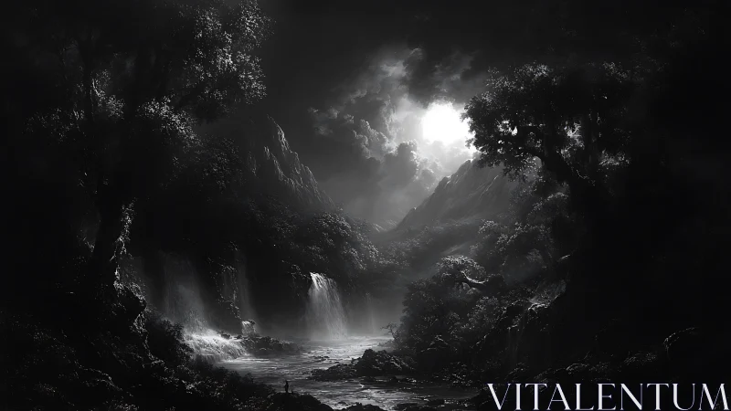 Monochrome lunar cascade illuminates a mist-laden valley