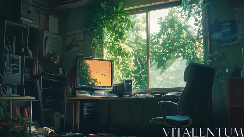 Computer workstation in foliage-filled room with window view.