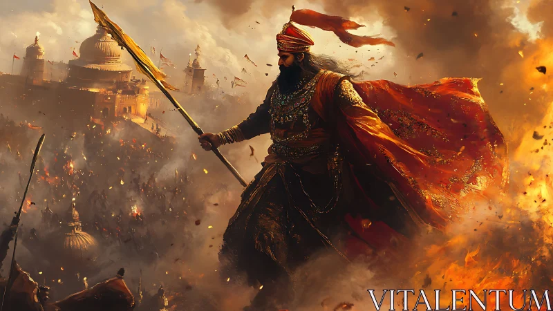 Warrior in burning dusk strides through swirling embers.