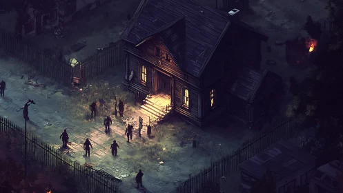 Isometric zombie siege on decrepit wooden safehouse at dusk.
