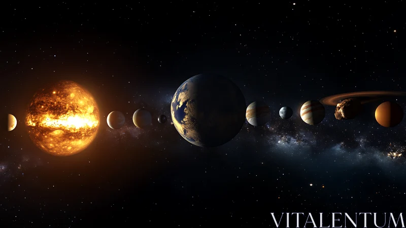 Solar system planetary lineup with illuminated galactic backdrop