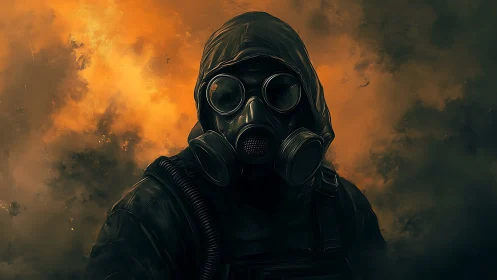 Hooded survivor in gas mask amid toxic orange smoke.