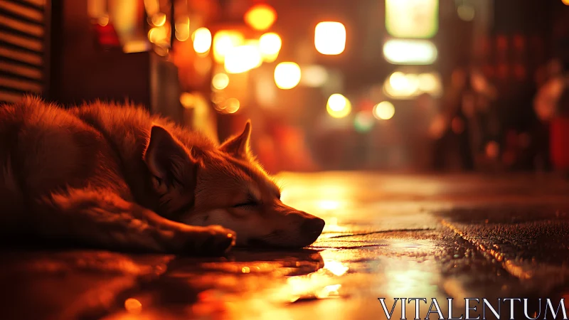 Dog sleeping on wet city street under warm night lights.