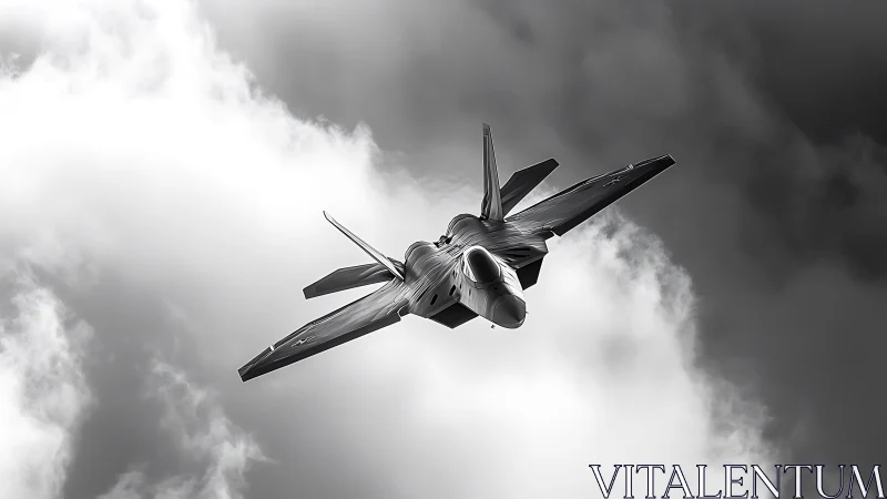 Stealth fighter jet banking through storm-lit cumulus clouds.