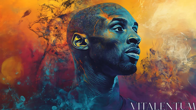 Electric blue portrait against a swirling sunset sky.