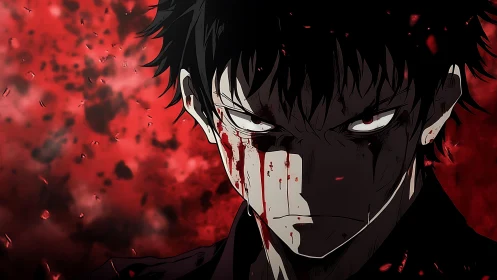 Bloodstained anime character against red fragmented background.