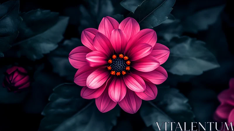 Magenta dahlia bloom illuminated against dark teal foliage backdrop.