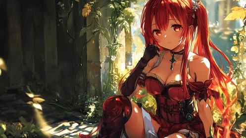 Red-haired anime girl sits in overgrown sunlit ruin space