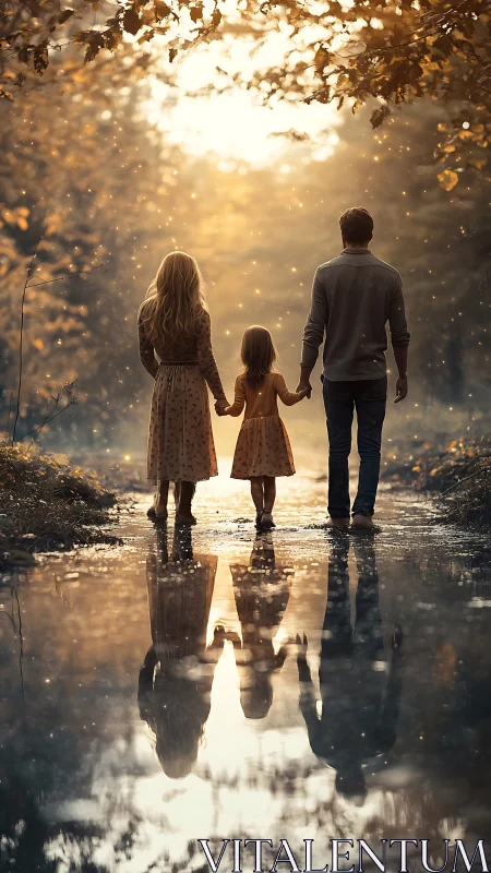 Family walks through golden light as nature ignites the sky