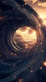 Cylindrical orbital gateway framing luminous stratocumulus sky