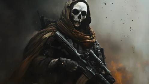 Mysterious skull-masked soldier emerging from smoky battle.