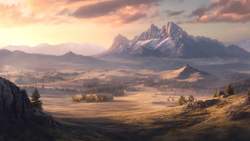 Sunlit alpine valley beneath jagged snowcapped peaks at dusk.