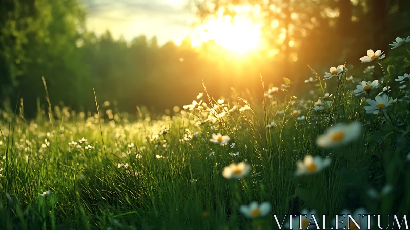 Golden sunrise drifts gently over a quiet wildflower meadow