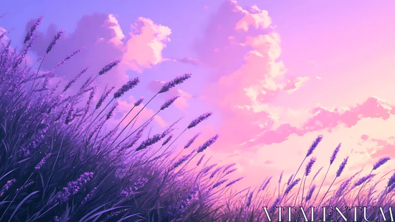 Lavender field silhouettes under glowing pink sunset sky.