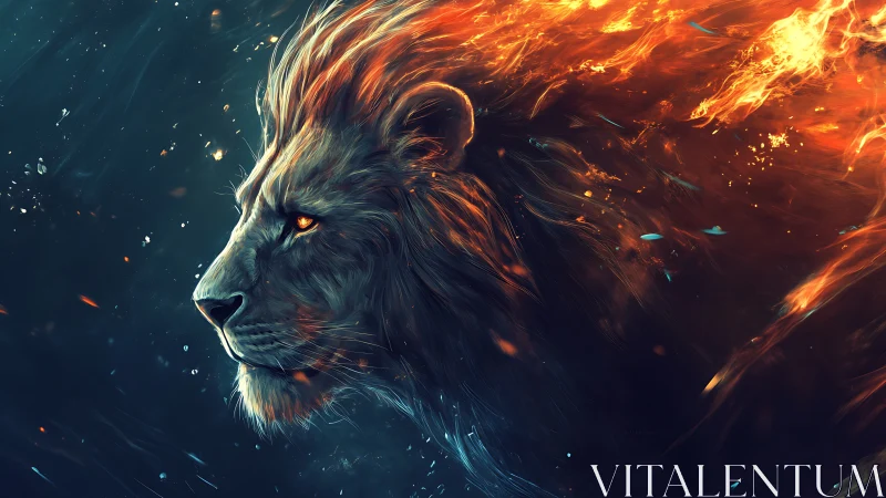 Fiery lion profile in glowing blue and orange storm.