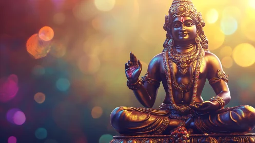 Radiant golden deity statue sits peacefully in warm light