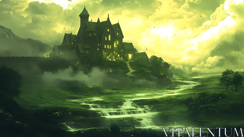 Enchanted hilltop castle glowing above misty green falls.