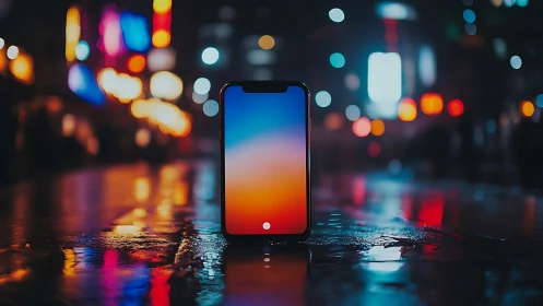 Smartphone standing on wet city street at night scene.