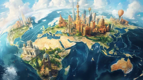 Global continent map with stylized monumental skylines.