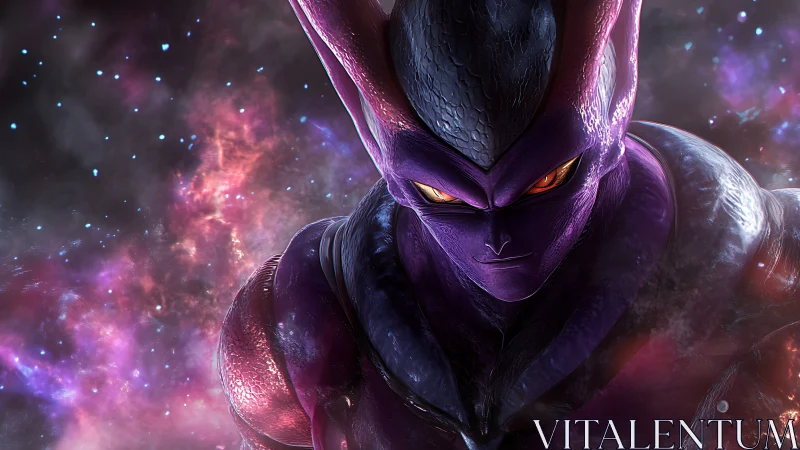 Galactic horned warrior glares through swirling cosmic storm.