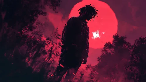 Silhouetted figure before oversized crimson moon in dense foliage