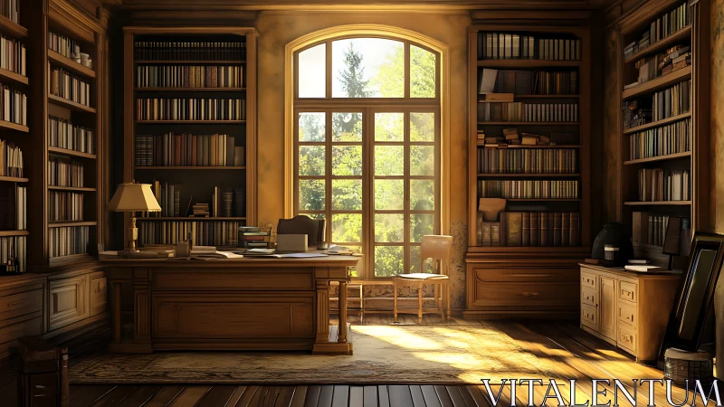Sunlit study lets golden dust dance between quiet bookshelves