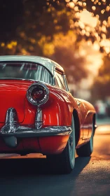 Rear view shows classic red coupe parked in warm sunset light