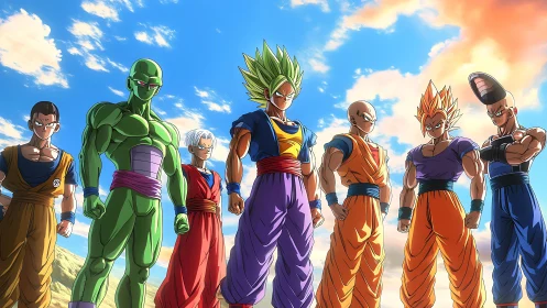 Anime team lineup under dynamic sky, frontal group composition.