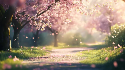 Cherry blossom trees line sunlit path with drifting petals