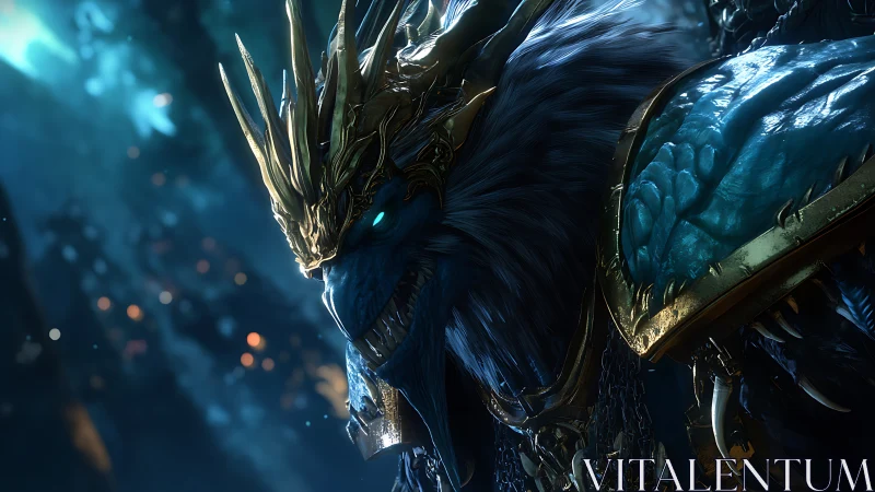 Armored ice-blue beast king with golden crown stands glaring