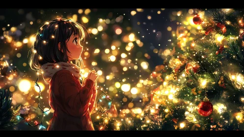 Festive anime girl gazes at luminous Christmas tree lights.
