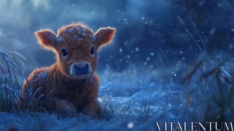 Young calf resting in snowy blue twilight meadow scene.