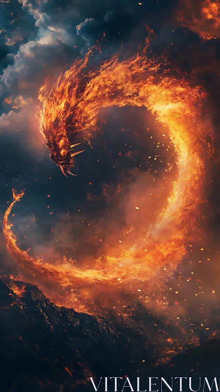 Burning serpent dragon arcs through storm-darkened sky.