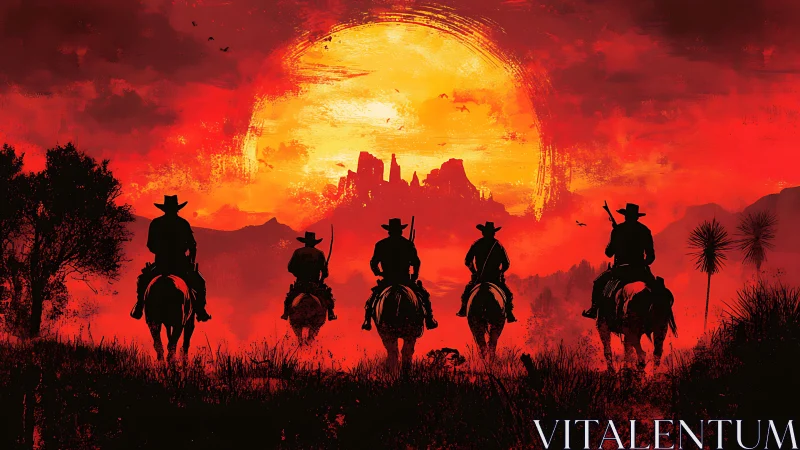 Silhouetted cowboys ride toward a burning desert sunset.