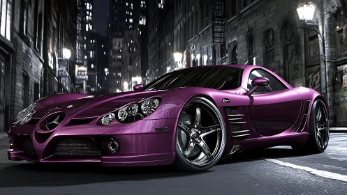 Midnight magenta supercar prowls through chrome-lit streets.