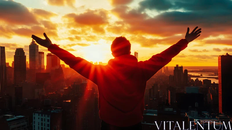 Sunrise triumph over the glowing city skyline horizon.