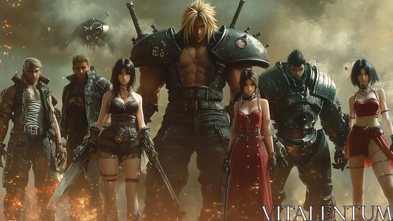 Battle-hardened heroes advance through burning wasteland