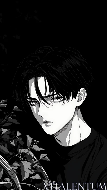 Melancholic dark haired boy framed by night foliage gaze.