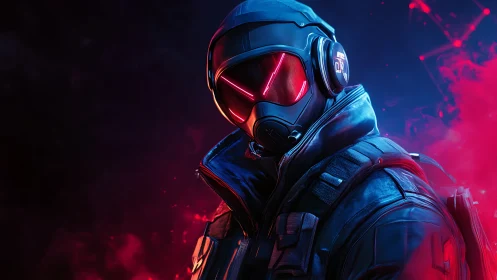 Armored figure in neon tactical gear amid red-blue haze.