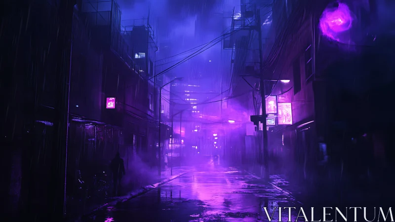 Neon lit rainy alley with lone figure and violet fog.