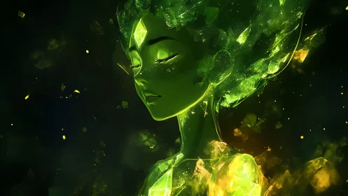 Emerald spirit girl glows softly within a dark cosmic void