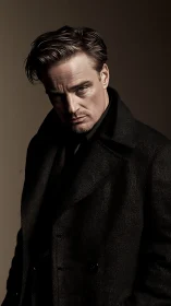 Moody portrait captures a thoughtful man in a dark overcoat