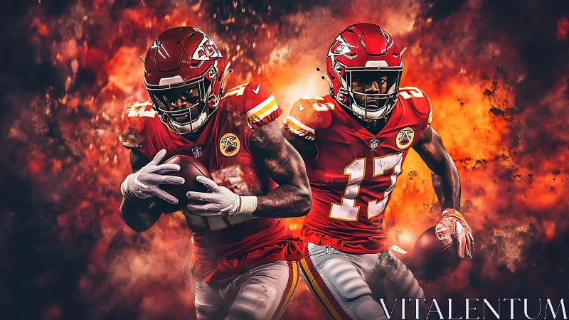 Kansas City football players in intense fiery action scene.
