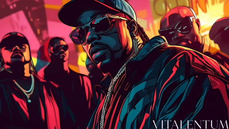 Neon-lit hip-hop crew portrait with stylized vector lighting effects