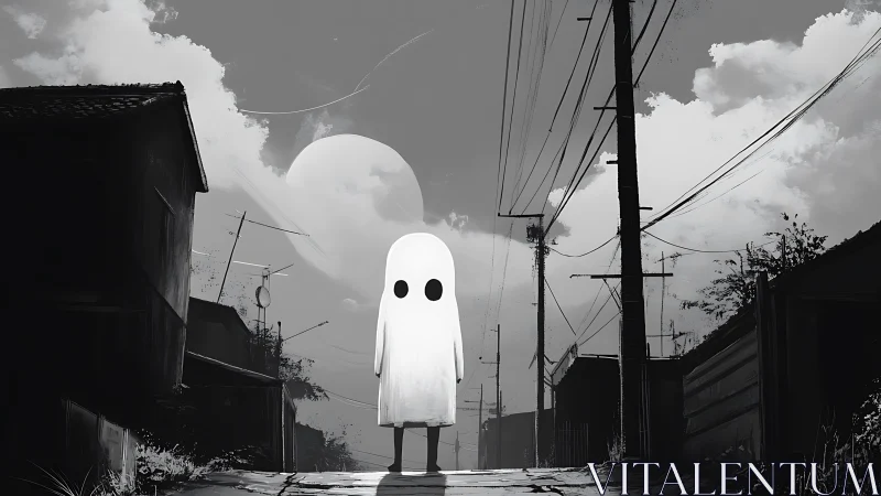 Monochrome ghost figure in deserted alley with power lines