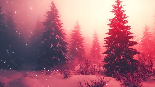 Soft pink winter forest glows gently in drifting snowfall