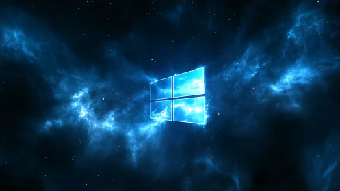 Glowing window logo in deep blue outer space field.