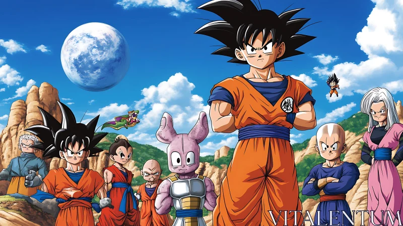 Group of anime fighters posed in rocky landscape setting.